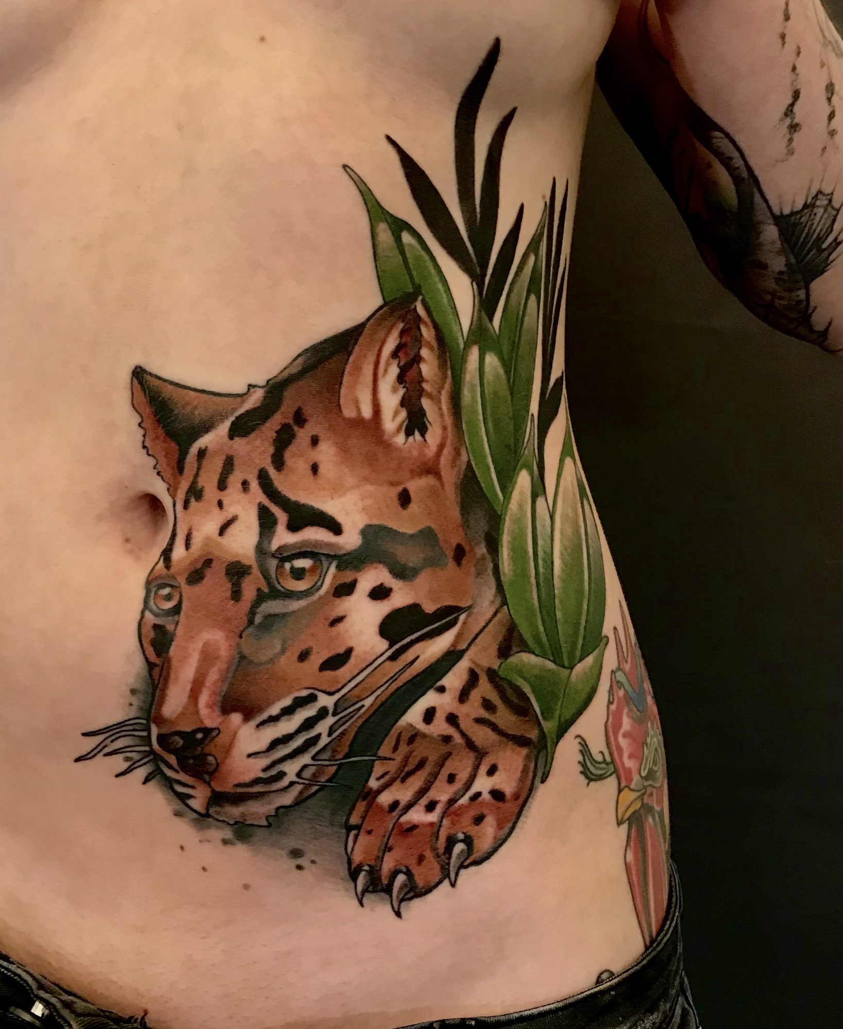 Leopard mit Blättern an den Rippen, Neo Traditional Tattoo von Andre bei Eine Liebe Tätowiergeschäft in Bochum